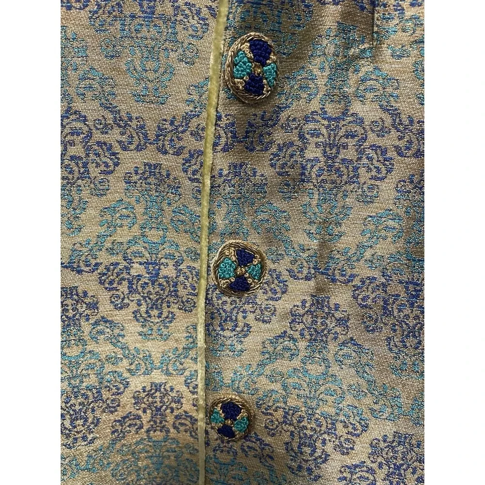 Nehru jacket/vest Men's Xl Teal/Gold Silk Wedding Matching Pocket Square Buttons